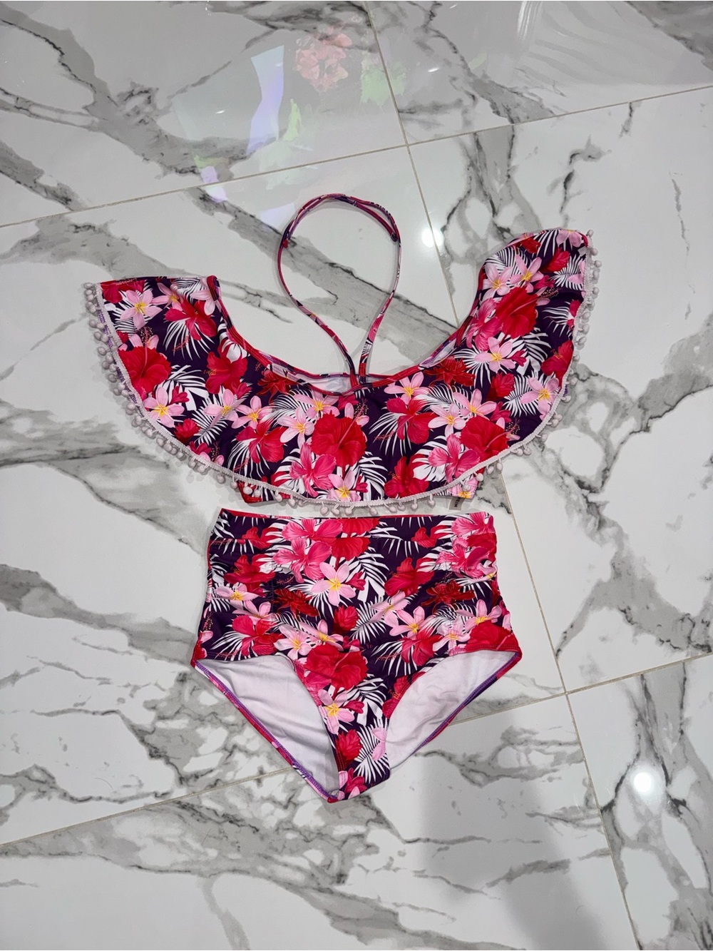 SHEIN Pink & Navy Floral Ruffle High-Waist Bikini Set